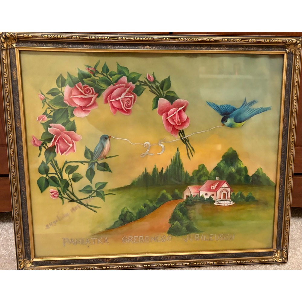 Antique Polish Silk Painting PAMIĄTKA SREBRNEGO JUBILEUSZU" 25th Anniversary